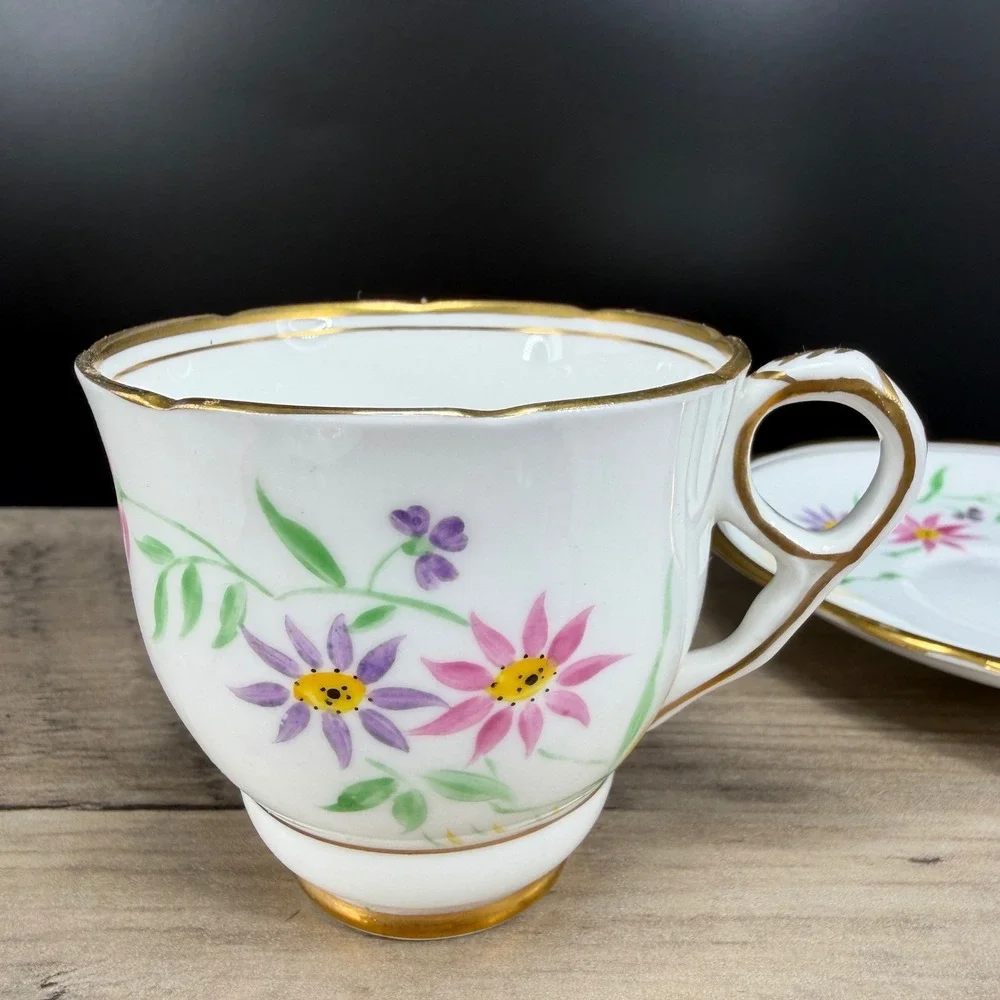 Royal Stafford‎ Bone China Teacup and Saucer Set Floral Gold Gilt England 8163H